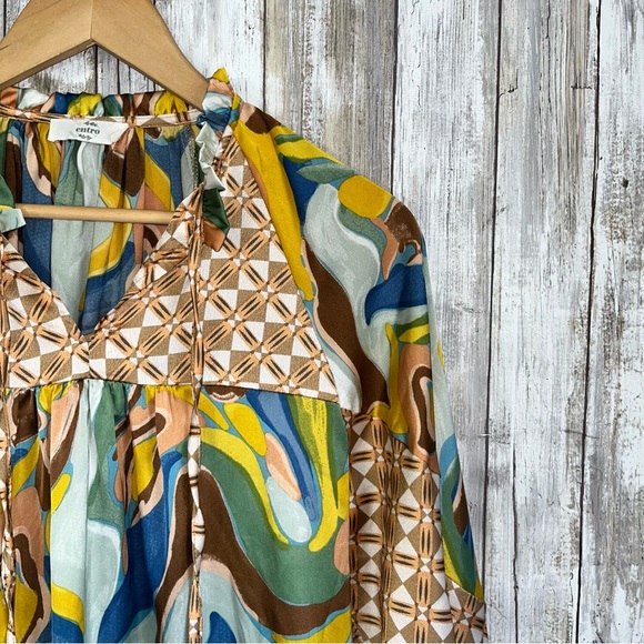 Entro All In A Day Abstract Brown/Yellow Satin Blouse - Picture 4 of 7